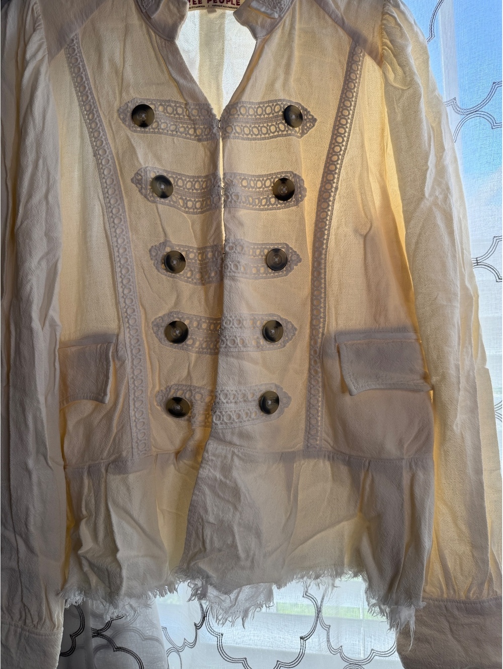 Free People Ivory Military Jacket Lace Accent Peplum Band Jacket Canvas Womens M